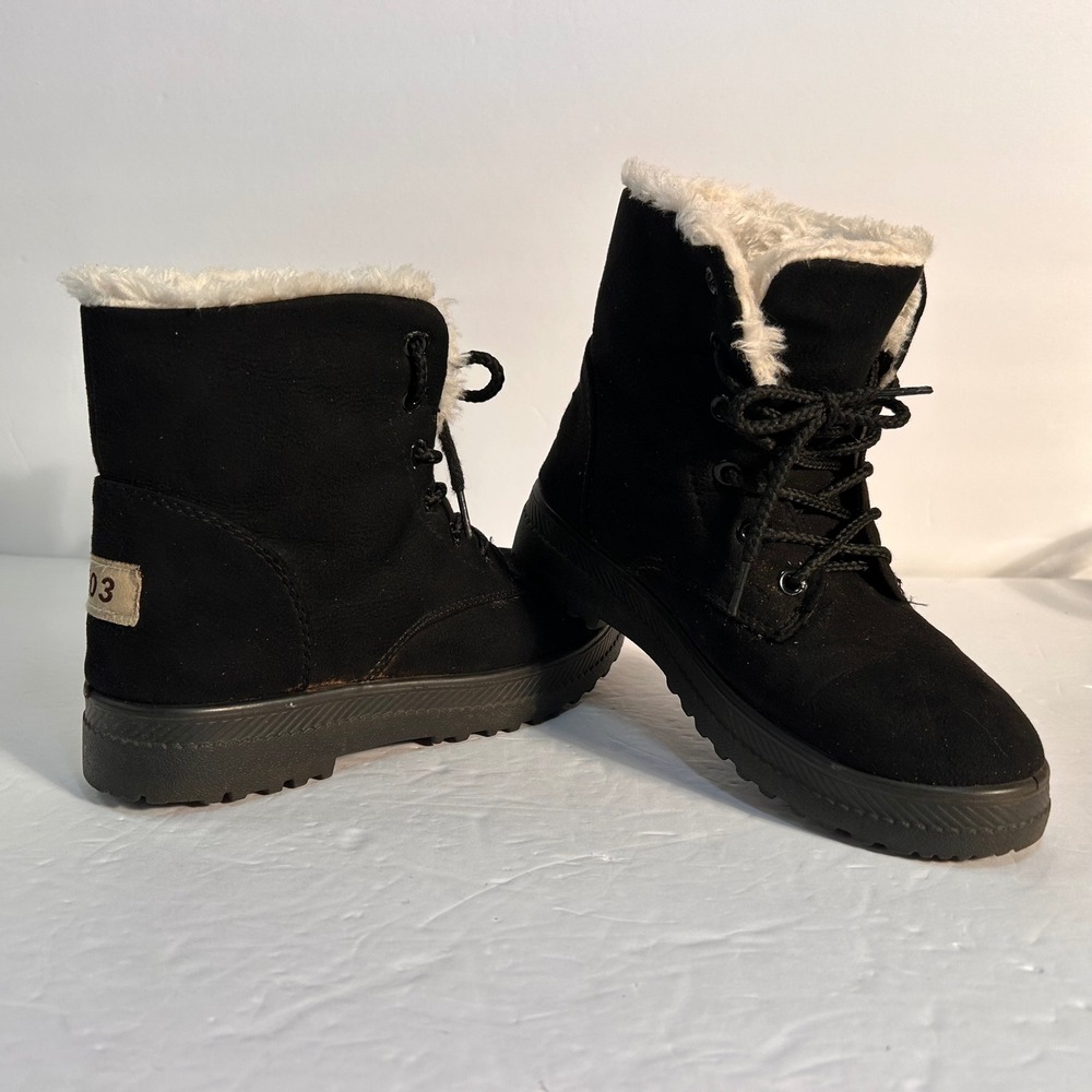 Black Faux Suede Ankle Boots Sherpa Fur Lined Lace Up Winter Shoes US 3.5